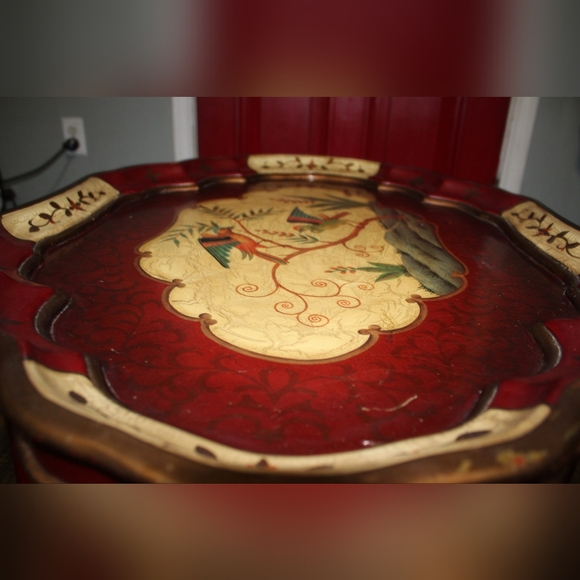 19th Century Scalloped Paper Mache Hand Painted Tray Bamboo Tea Table - Picture 8 of 16